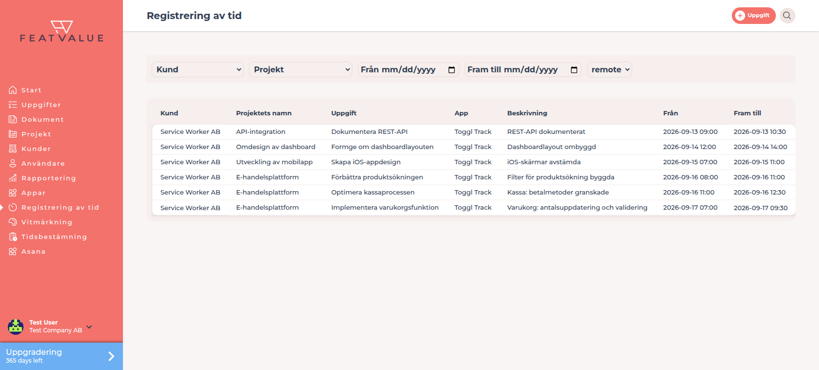 Tabell över tidposter med kolumnerna Kund, Projekt, Uppgift, App, Beskrivning, Från och Fram till