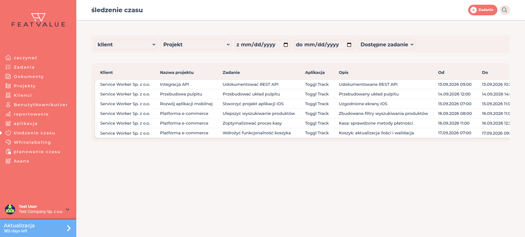 Tabela wpisów czasu z kolumnami klient, Projekt, Zadanie, App, Opis, Od i Do
