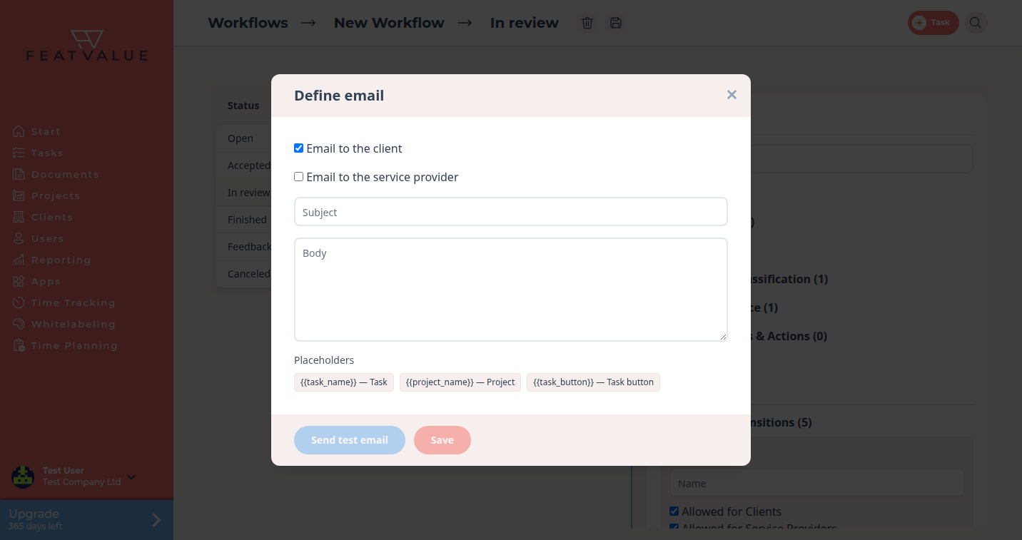 Define email modal with recipients, subject, text and placeholders
