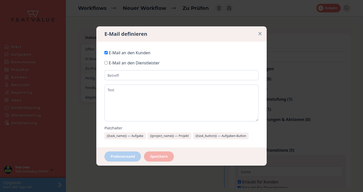 Modal E-Mail definieren mit Empfängern, Betreff, Text und Platzhaltern