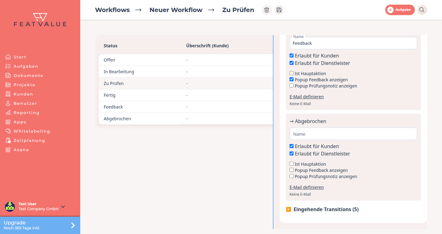 Seitenleiste eines Status mit aufgeklappten ausgehenden Übergängen und Namen der Schaltflächen