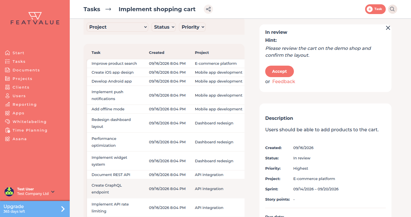 Task details in In review with Accept and Feedback buttons plus the review description