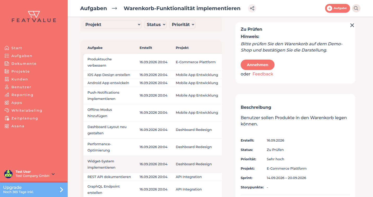 Aufgabendetails mit Status Zu Prüfen, den Schaltflächen Annehmen und Feedback sowie der Prüfungsbeschreibung