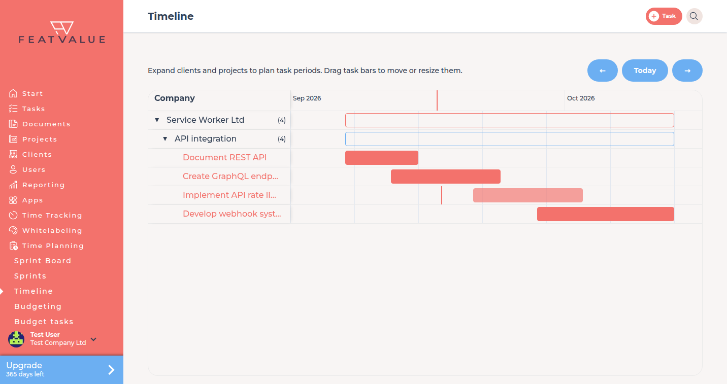 Timeline with an expanded client, project and task bars